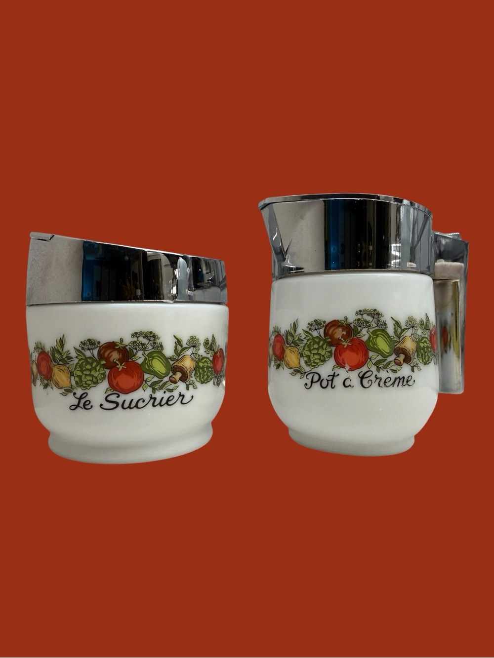 Vintage Corning Ware Spice of Life Sugar and Creamer Set Milk Glass 70s